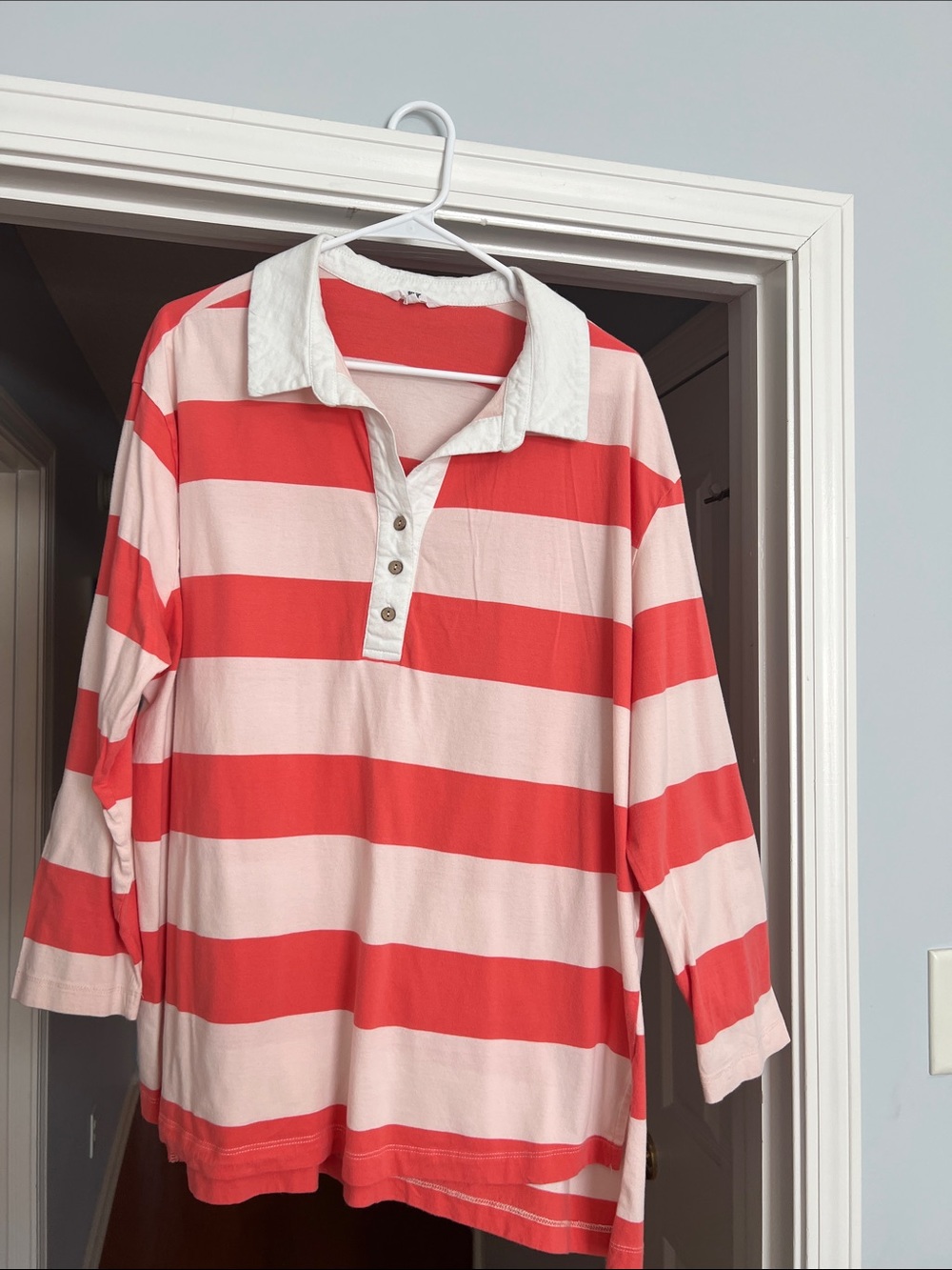 Ascot + Harp Striped Coral Rugby Polo Top with White Collar - XL